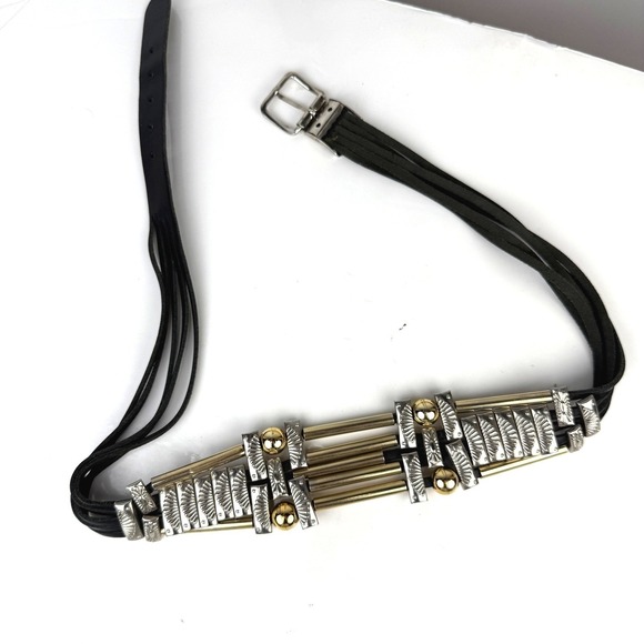 Vintage Mixed Metal Statement Belt Black Leather Gold Silver Sunburst Geometric - Picture 5 of 10